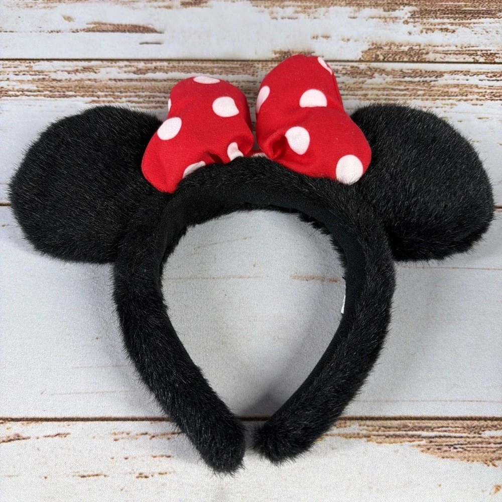 VTG Disney Parks Furry Black Minnie Ears Headband Red White Polka Dot Puffy Bow